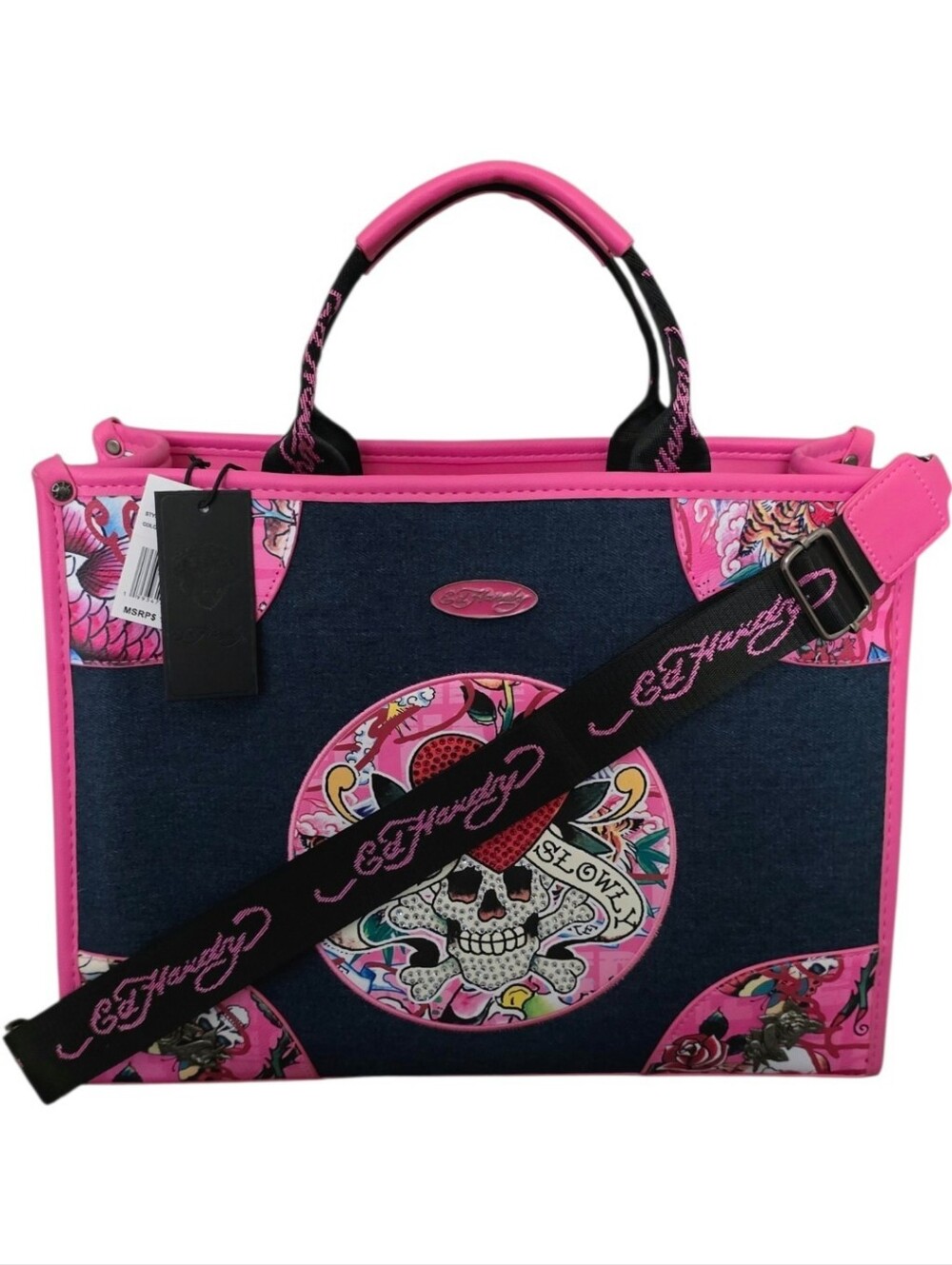 Ed Hardy Denim / Pink Love Kills Slowly Rhinstone Skull Tote Crossbody NWT